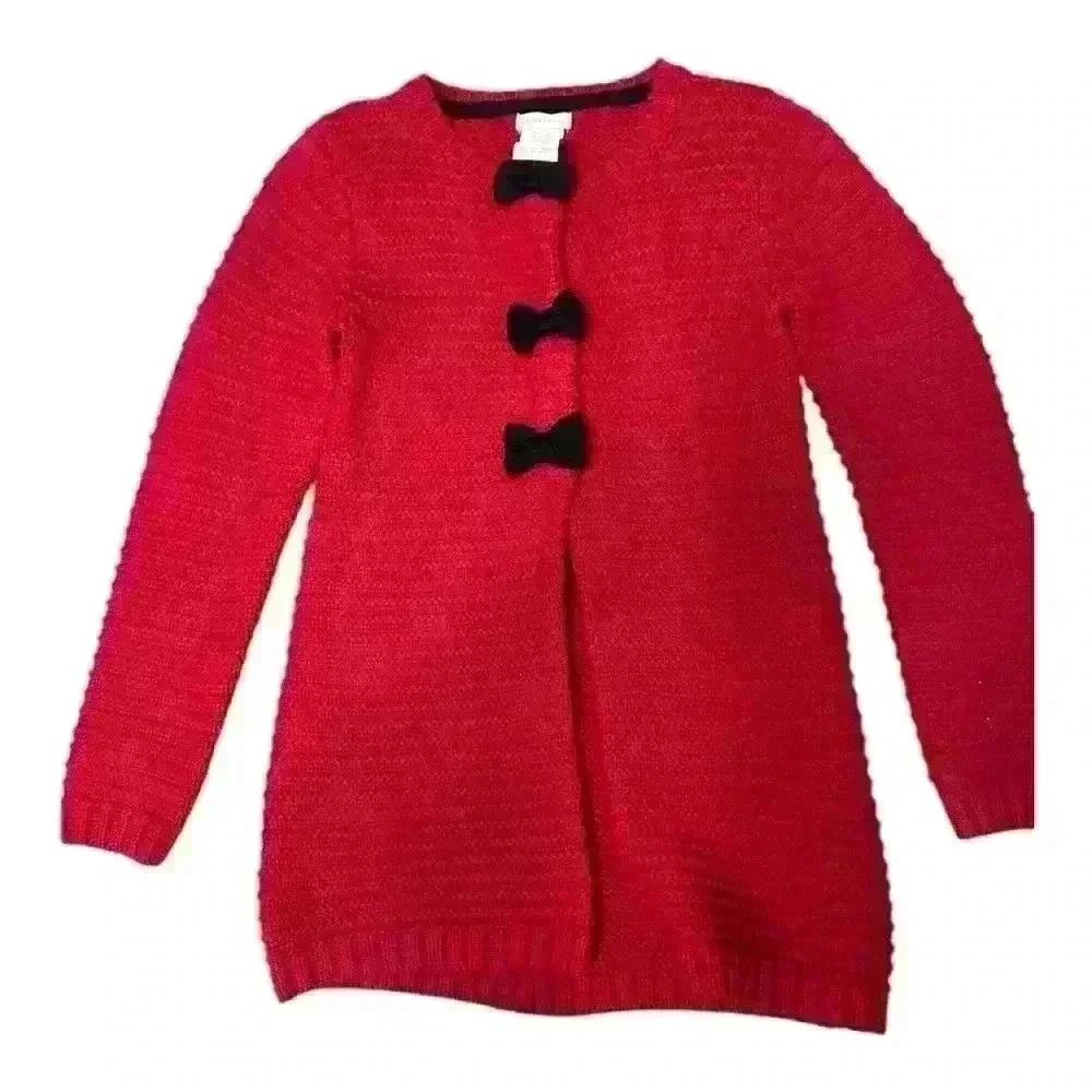 Tahari Kids Red Knit Sweater Black Bow Front Snap Closure Christmas, L 6x